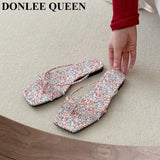 Square Toe Slippers Women Slip On Slide Flat Casual Summer Shoes Beach Flip Flops Narrow Band Sandal New Brand