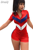 Sport Women Rompers Zipper Bodycon Jumpsuit Striped Patchwork Casual Slim Overalls Short Sleeve Streetwear