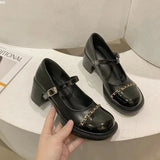 Women's Summer Footwear on Heeled Round Toe Shoes for Woman 2023 Gothic Mary Jane Pumps High Heels Normal Leather Casual Black
