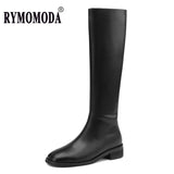 High Boot Women 2022 Winter Split Cow Leather Brown Black ZIP Low Block Heel Quality Long Boot Handmade Shoe Christmas