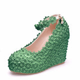 Queen Wedges Wedding Pumps Sweet White Flower Lace Pearl Platform Shoes Bride Dress High