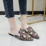Breakj Baotou Cool Drag Female Summer Fashion Outside Wear 2023 New Korean Flat Shoes Rivets Shiny Pointed Half