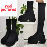 Thick High Heeled Women Stretch Boots 2023 Hot Fashion Knit Stretch Mid Calf Boots Slip On Simply Stylish High