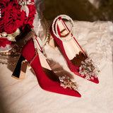 Pearl Chain Buckle Strap Thin High Heels Crystal Flower Decor Wedding Bridesmaid Shoes Temperament Party Prom Lady