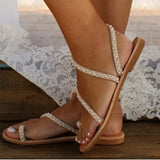 Ladies Summer Flat Sandals Sweet Boho Pearl Decoration Sandals Leather Flats Plus Size 43 Women Beach Sand Holiday