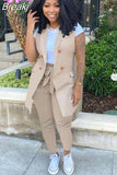 Striped Print Two Piece Set Women Sleeveless Blazer Coat And Sashes Pants Outfits Office Lady Elegant Work 2pcs