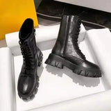 Boots Rock Shoes Woman Boots-Women Flat Heel Luxury Designer Round Toe Lace Up Winter Footwear 2023 Ankle Med Lolita
