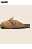 Women's Slippers 2023 Autumn Winter Leather Round Toe Slippers Couple Slippers Outdoor Casual Keep Warm Women Suede Slides