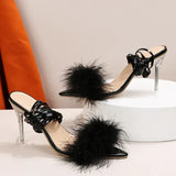 Women Sandalias Pink High Heels Women Cross Strap Furry Fluffy Sandals Pumps New Sexy Ankle Bind Stiletto Open Toe