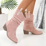 Shoes for women on Sale Leather Solid Slip-on Women's Boots 2023 High Quality Autumn Square Heel Round Toe Heeled