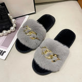Chain Design Women Home Slippers Solid Color Open Toe Indoor Winter Flat Non-slip Leisure Interior Female Shoes
