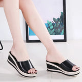 leather Summer women slippers Open Toe flip flops sandals Women Wedges Slippers black white slides