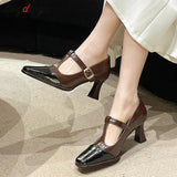 Mary Janes Shoes Women 2024 Spring Pumps Square Toe Chunky Heel Leather Shoes Women Classics Elegant Mid-heel High