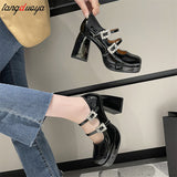 Crystal Buckle Women High Heels Mary Jane Shoes Chunky Sandals Spring New Women black Sexy Elegant Party dress