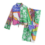 Women Vintage Printed 2 Piece Set Bow Tie Long Sleeve Turn Down Collar Blouse Shirt High Waist Knotted Back Zipper
