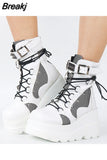 Brand Design Black Gothic Style High Heels Black Front Zipper Ankle Platform Boots Street Cool Woman Wedges