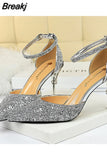Elegant Party Sandals Metal Stiletto Glitter Pumps Luxury Women's Wedding Shoes Bride Gold Silver 2023 Women High