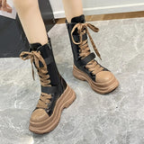Punk Chunky Platform Motorcycle Boots Women 2023 Mixed Color Lace Up Mid Calf Boots Woman Thick Bottom Pu Leather