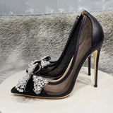 Pearls Bow Women Black Matte Gauze Mesh Pointy Toe High Heel Shoes Elegant Ladies Summer Stiletto Pumps 8cm 10cm