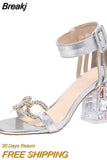 Mid-heel Sandals Women's New Summer Sexy Transparent Crystal Thick Heel Buckle Strap Open-toe Ladies Shoe