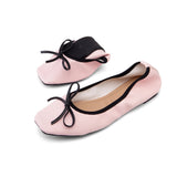 Leather Shoes Women Casual Ballet Flats 2023 Spring Autumn Lace Up Bow Comfortable Square Toe Wholesale Shoes Size