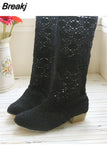 Summer 2023 New Mesh Shoes Lace Low Heels Crochet Boots Beige Fashion Hollow Out Mid Calf Women's Boot Large Size 34