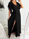 2022 Elegant Solid Flared Sleeve High Waist Long Dress Solid Color V-Neck Office Laddy Dress Summer Sexy Split Drape Dress