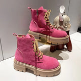 Women Autumn Winter Ankle Boots Classic British Style Leather Lace-up Fashion Short Boots Green Round Toe Botas