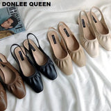 Slingback Sandals Women Slip On Mule Shoes Women Round Toe Low Heel Shoes Brand Shallow Pleated Sandal Elegant Mules