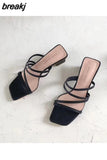 New Summer Slippers Low Heels Slides Female Peep Toe Square Heel Slipper Brand Sandals Women Slipper Big Size 41 Flip