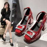 red High Heels Platform Pumps Women's Square Toe Thick Heels Mary Janes Woman pu Leather High Heels Shoes Party