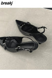 Slingback Sandals Women Med Heels Pumps Rivet Shoes Elegant Pointed Toe Female Mules Dress Slides Denim Sandalias