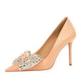 Breakj Korean Version Of Fashion Banquet High Heels Fine Heel Super High Heel Shallow Mouth Pointed Water Diamond Bow Single Shoe