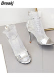 Spring Gold Glitter Rhinestone Mesh Ankle Sandals Boots High Heels 10CM Sexy Booties Peep-toe Pumps Lady Party