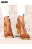 Leather Women Ankle Boots Low Heel Cool Shoes British Embroidered Design Short Party Footwear Chaussure