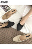 Women Brand Flat Slippers Summer Slides Bowtie Shallow Square Toe Mule Women Breathable Knitting Flip Flops Women Platform