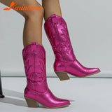 Vintage Style Western Boots For Women 2023 New Arrived Embroidery Mid Calf Boots Pointed Toe Autumn Winter Ladies