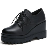 Autumn Fashion Women Genuine Leather Casual Lace-up Platform Wedges Pumps Lady Black With Heels Fall