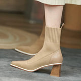 Spring and Autumn New Knitted Wool Socks Boots Women's Square Head Thick Heels Thin Comfortable Nude Boots