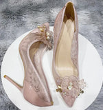 Flowers Bow Women Lace Mesh Pointy Toe High Heels Elegant Ladies Designer Stiletto Pumps Summer Dress Shoes Black