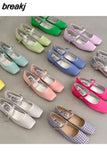 New Spring Summer Shoes Women Flat Heels Square Toe Mary Jane Ballet Flats Rainbow Candy Color Ballerina Soft Casual