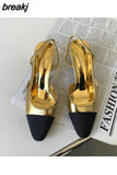 Elegant Mixed Color Slingback Sandals Women Elastic Band Back Strap Heel Pumps Brand Design Shoes Mule Dress Party
