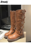 High Heels Women Mid Calf Boots 2023 Hot Punk Gothic Knee High Motorcycles Boots Buckle Comfy Walking Boots Autumn