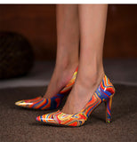 High Heels Pumps Satin New Stiletto Heels Abstract Printing Classic Pointed Toe Ladies Sexy High Heels Shoes