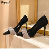 Shallow Mouth Satin Black Pointed Toe High Heels Pumps Fairy Bowknot Rhinestone Stiletto Temperament Wedding Dress