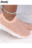 Knit Mesh Crystal Sneakers Women Comfortable Breathable Flat Shoes Fashion Slip on Plus Size Casual Shoes