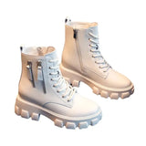 Leather Platform Ankle Boots Women Lace-Up Zipper Thicked Plush Snow Boots Woman Winter Non-Slip Warm Cotton Shoes