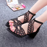 Women Summer Hollow Out Zipper Open Toe Thick Heel Sandals Casual Gladiator Shoes Platform Diamond