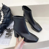 Spring and Autumn New Fashion Square Head Solid Color Simple External Wear Back Zipper Women's Naked Boots Single