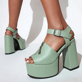 Zipper Embellished Super High Chunky Heel Square Toe Peep Toe Sandals High Waterproof Platform Ankle Belt Buckle